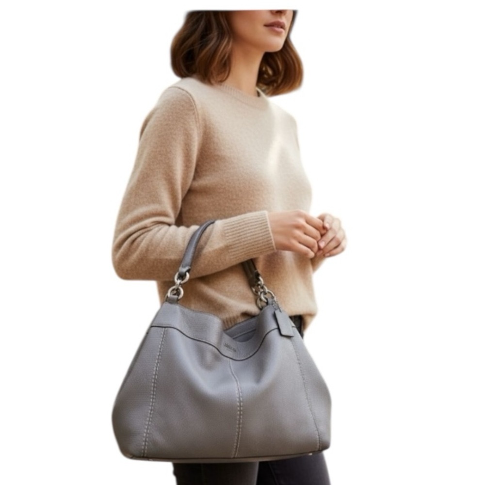 COACH Lexy Grey Birch Pebble Leather Shoulder Bag Large Silver Hardware NWT $398 - Picture 9 of 9